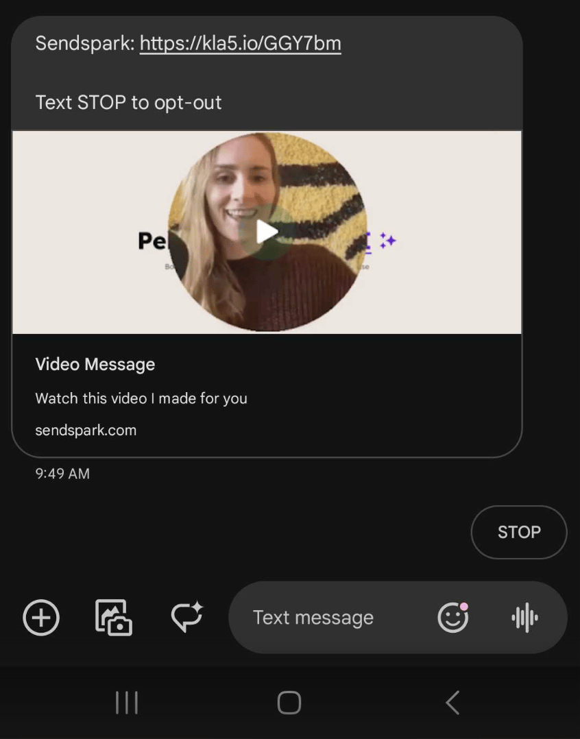 Phone SMS with Sendspark video link, thumbnail preview, and Text STOP to opt-out