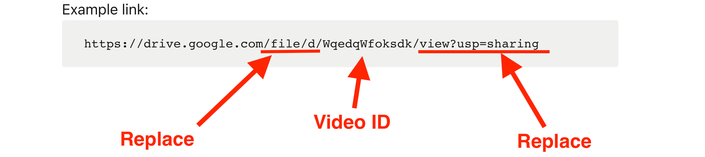 Google Drive link with file path and view suffix marked Replace around Video ID
