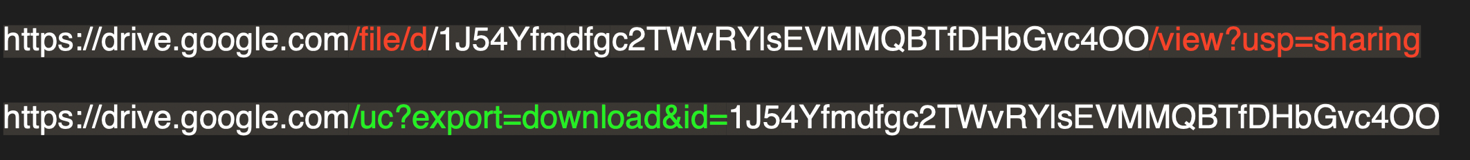 Before-and-after Drive URLs with removed parts in red and download parameter in green