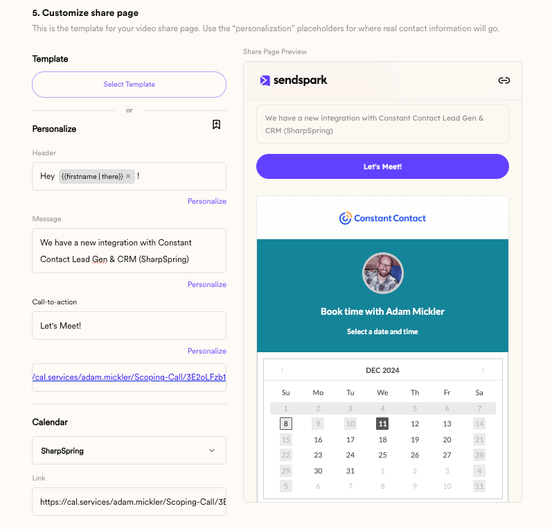 Share page editor with SharpSpring calendar selected and embedded in the preview