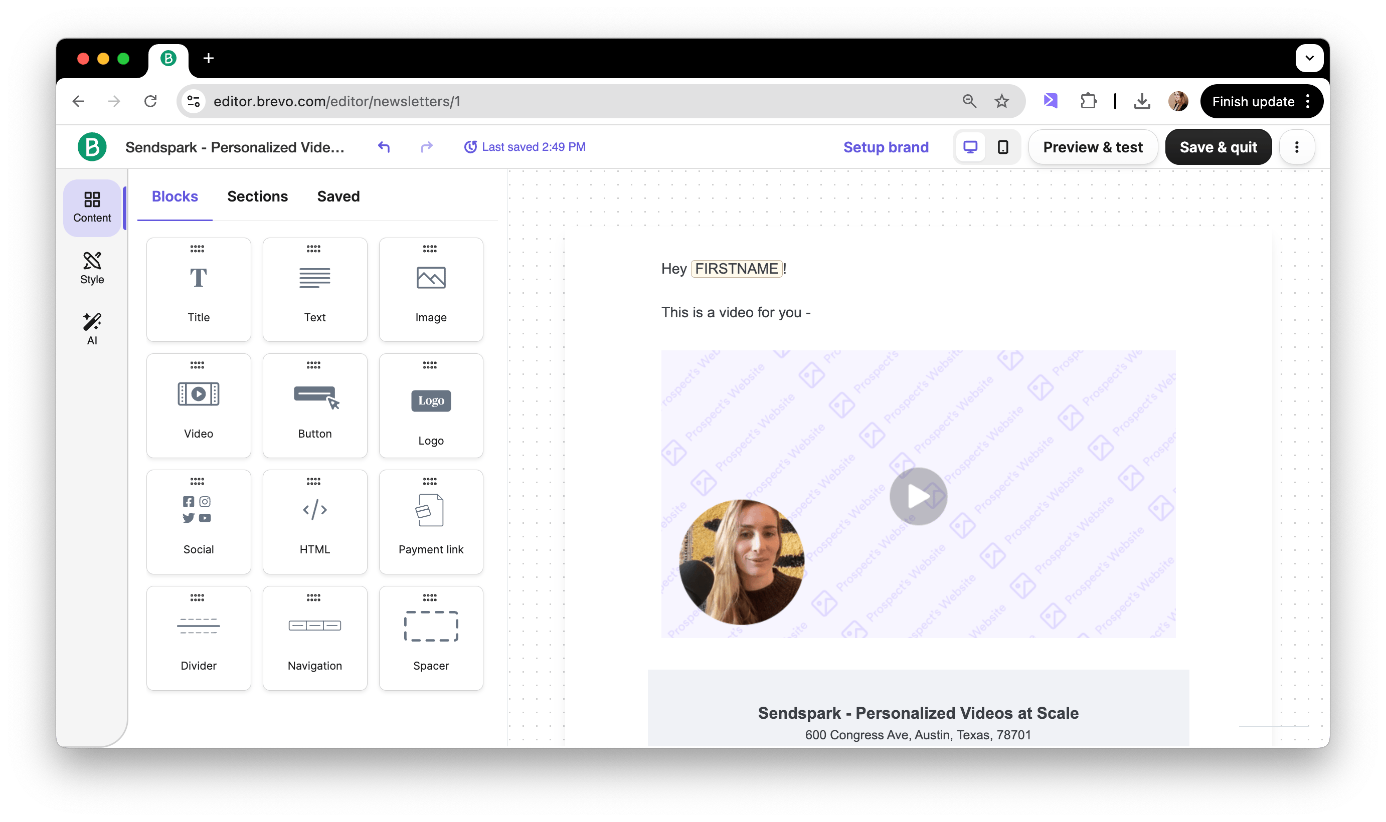 Brevo email editor with the Sendspark video snippet embedded in the template