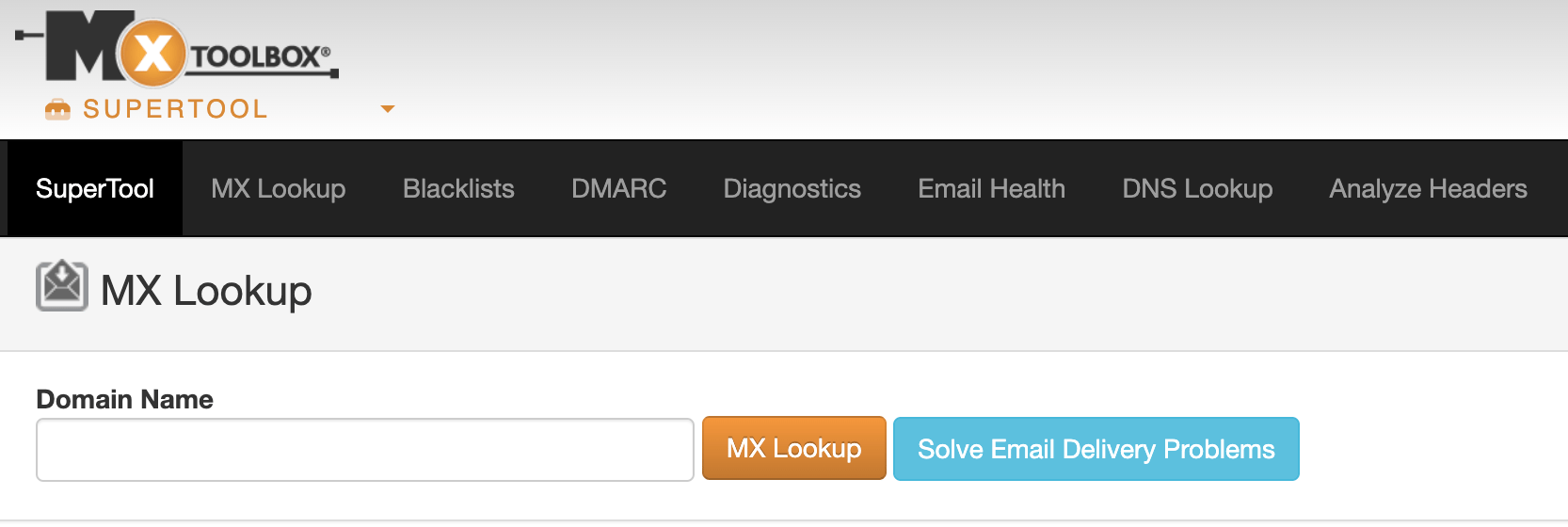MXToolbox SuperTool MX Lookup page with domain name field
