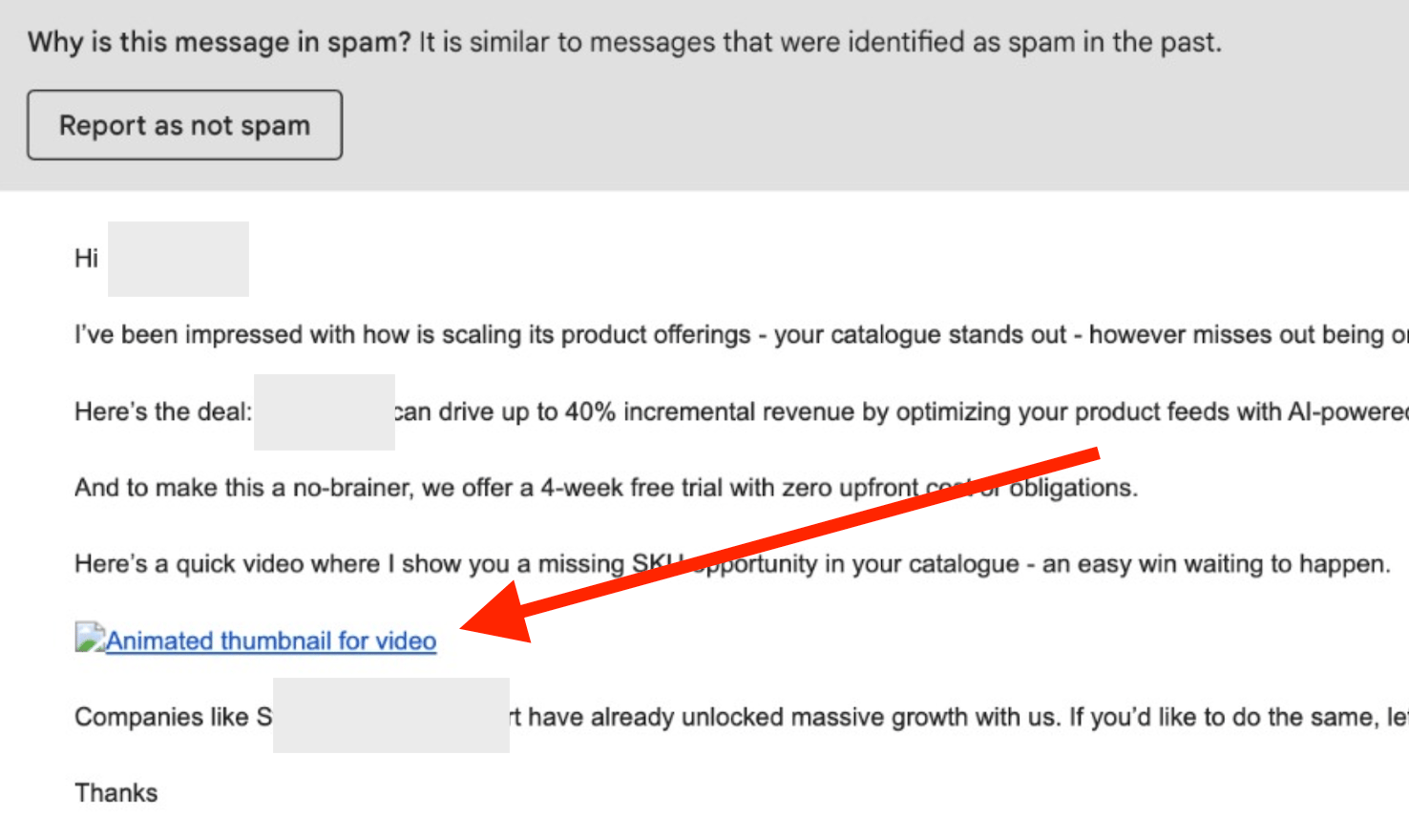 Spam-flagged email with broken video thumbnail showing only alt text link