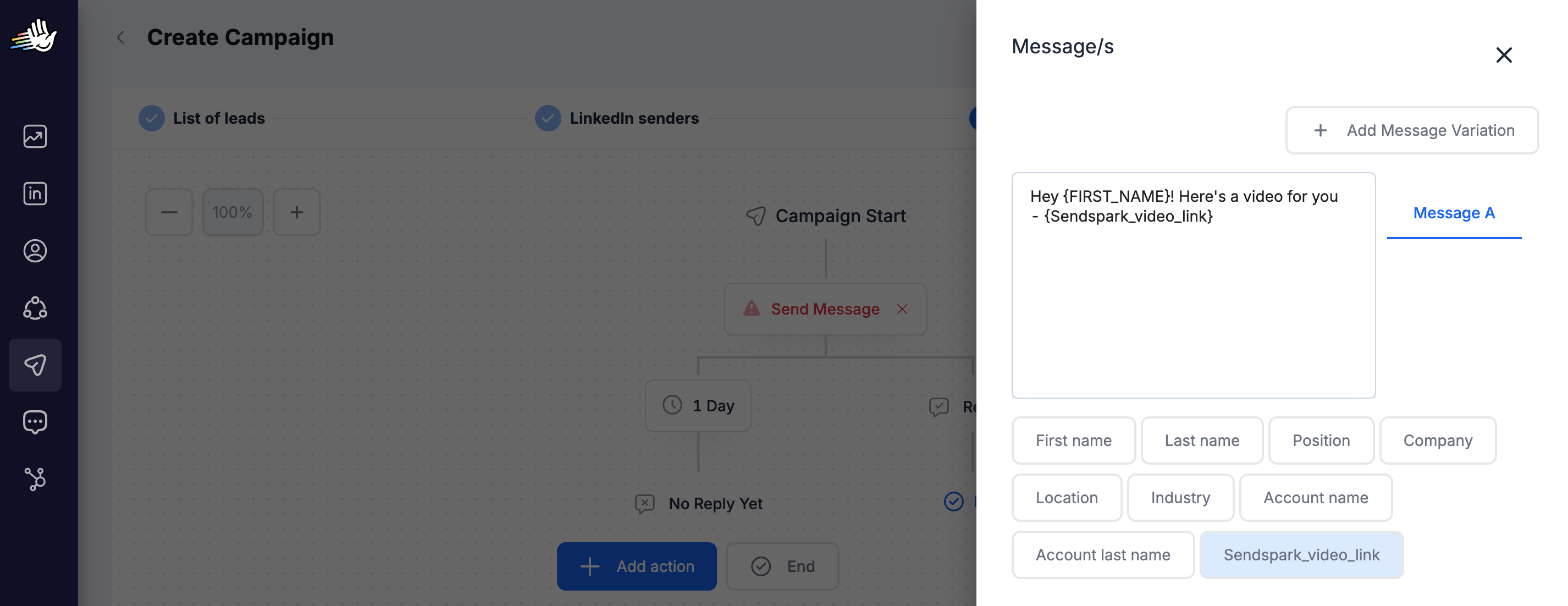 HeyReach message editor inserting the Sendspark_video_link variable into a LinkedIn message
