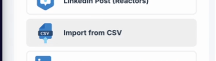 Import from CSV option in the HeyReach lead source menu