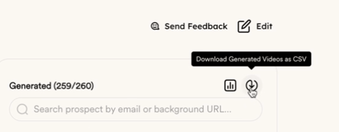 Cursor hovering the Download Generated Videos as CSV icon in Sendspark
