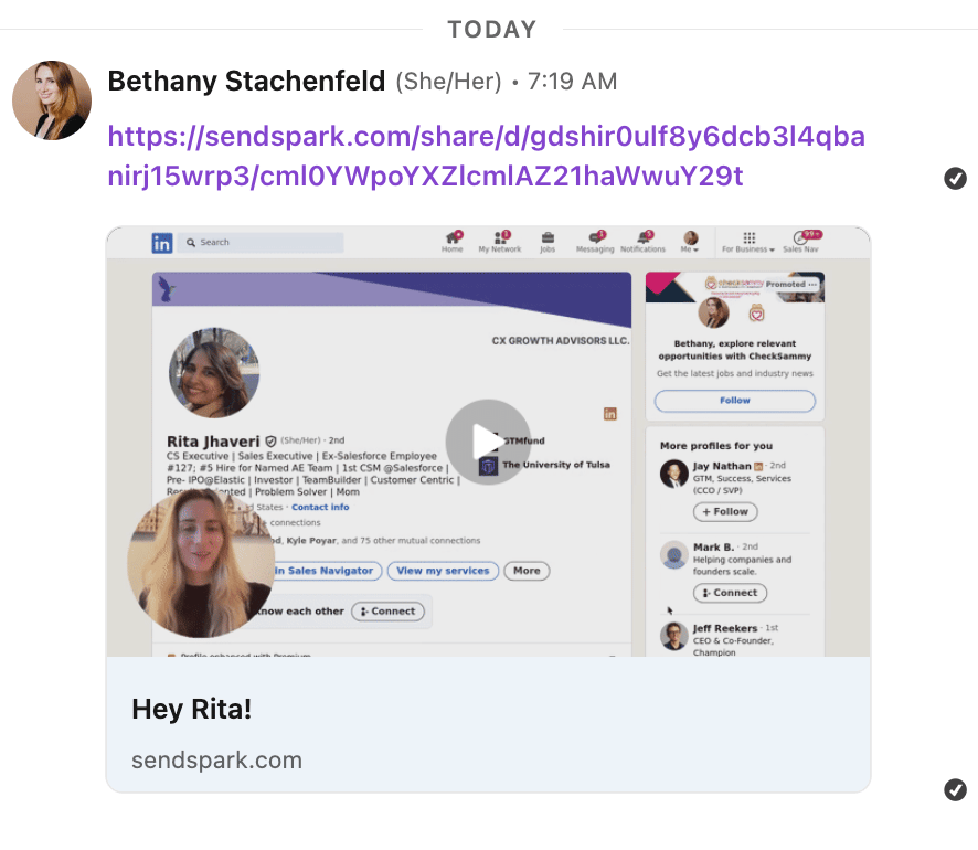 LinkedIn message showing Sendspark video link unfurled as a preview