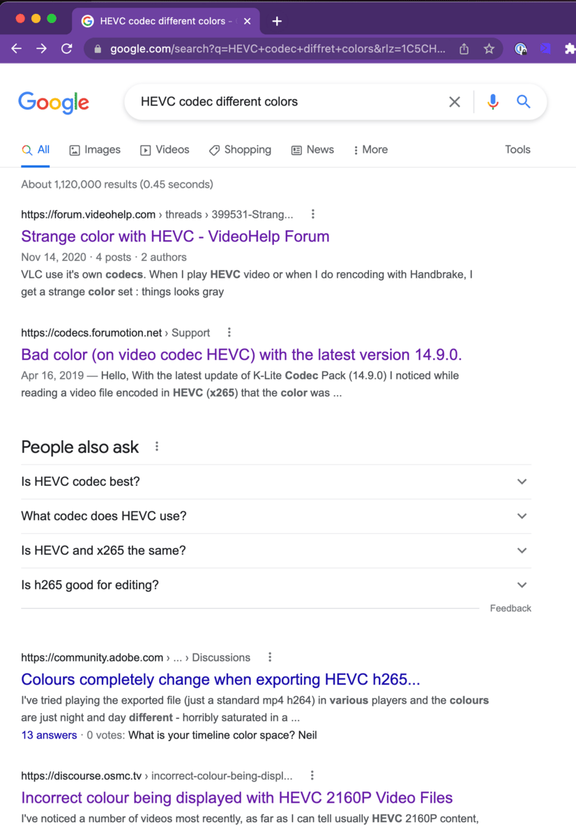 Google search results for HEVC codec different colors showing similar color issues