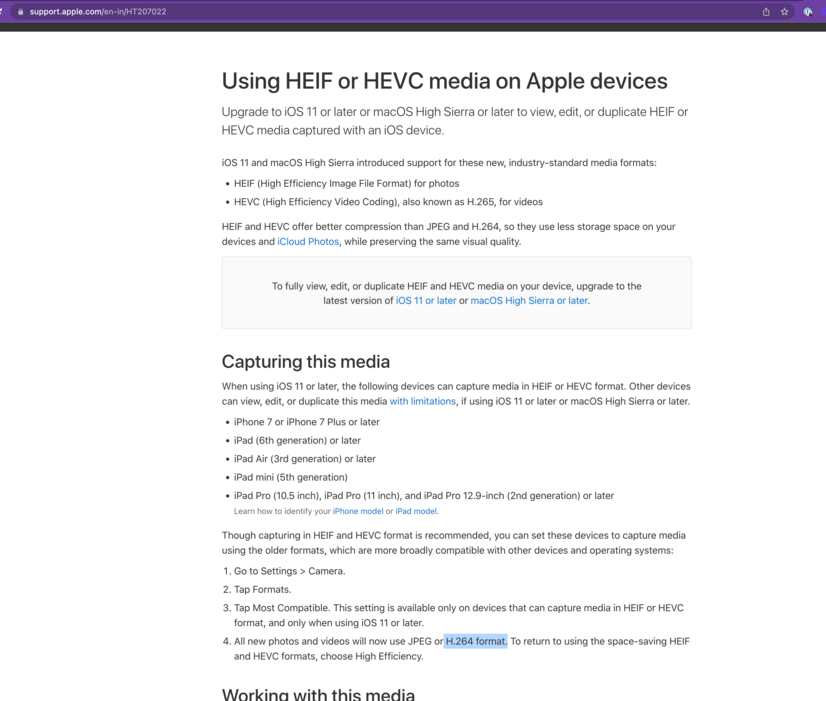 Apple support page explaining HEIF and HEVC media and switching to H.264 format