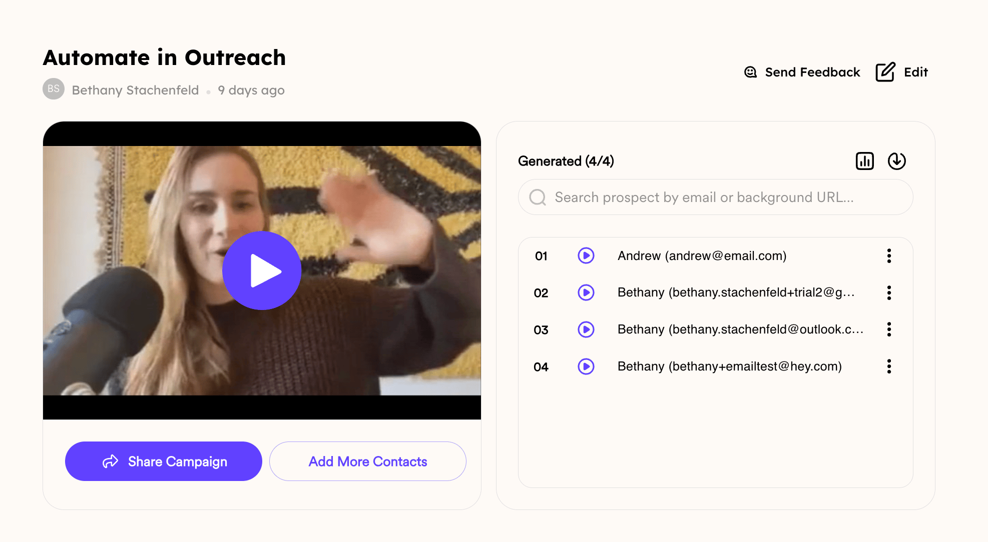 Dynamic video campaign page with the Share Campaign button