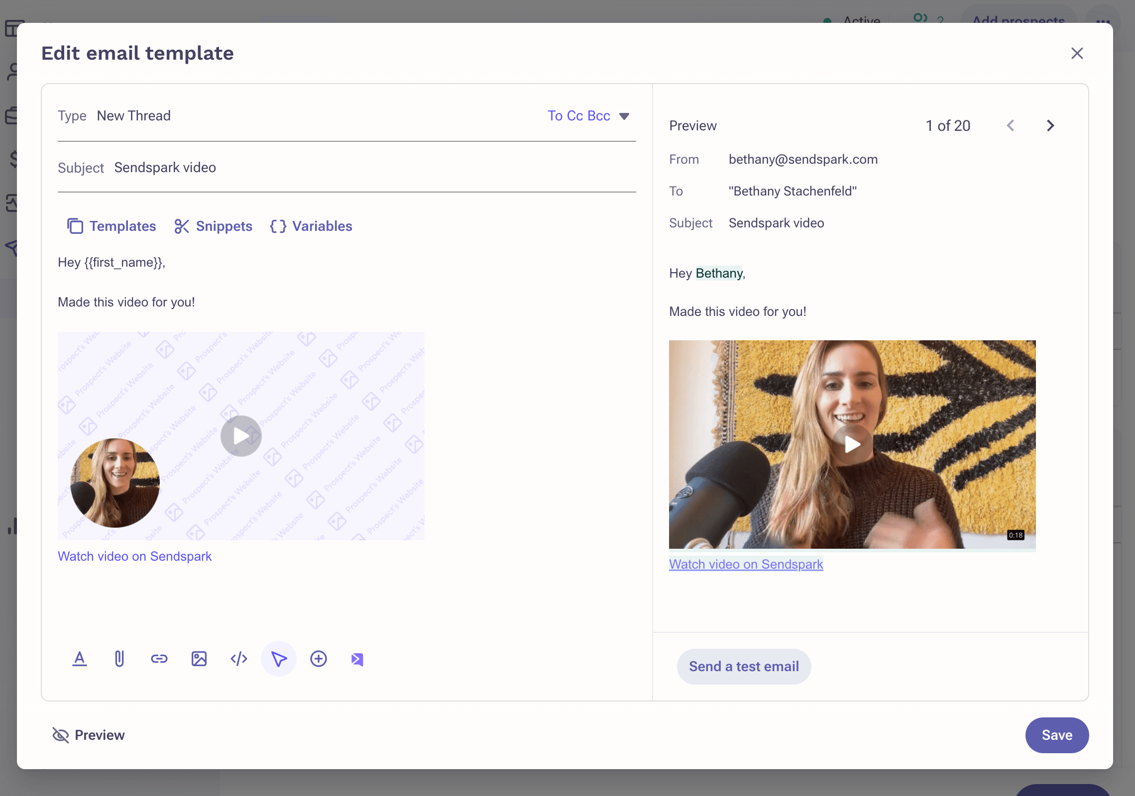 Outreach email template editor with Sendspark video snippet pasted in