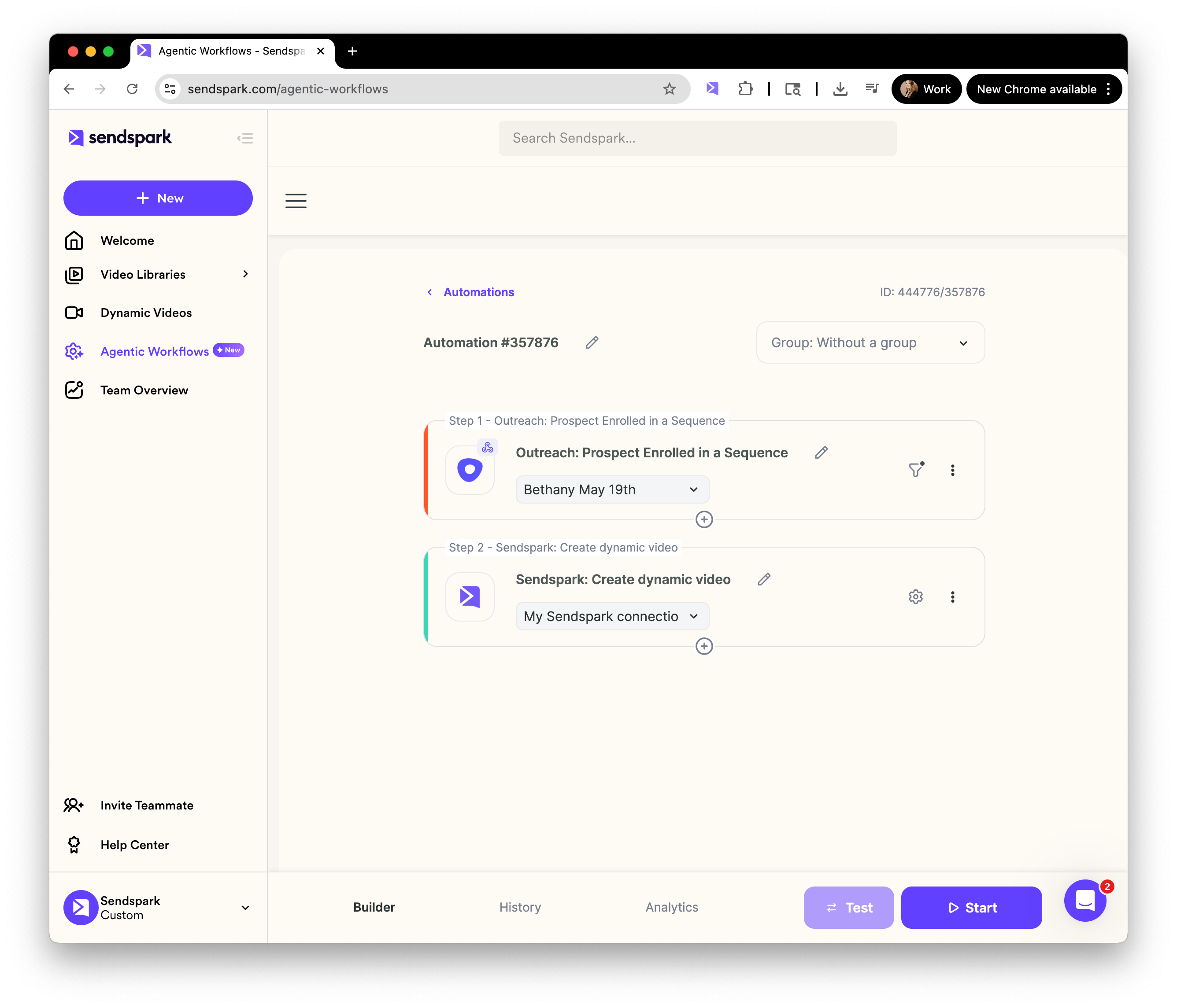 Completed automation with Outreach trigger and Sendspark video action steps