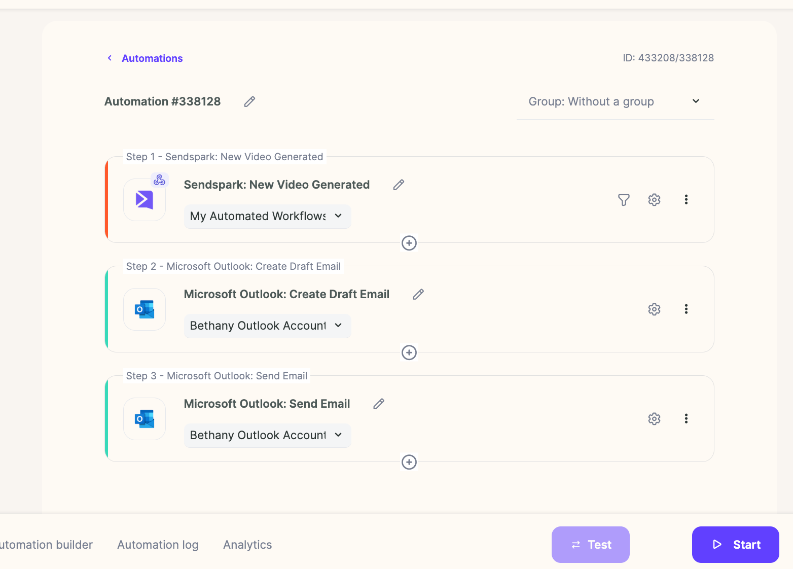 Completed three-step automation with Test and Start buttons