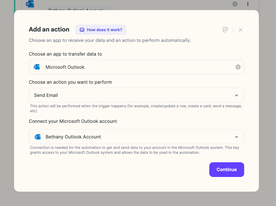 Add action selecting Microsoft Outlook Send Email