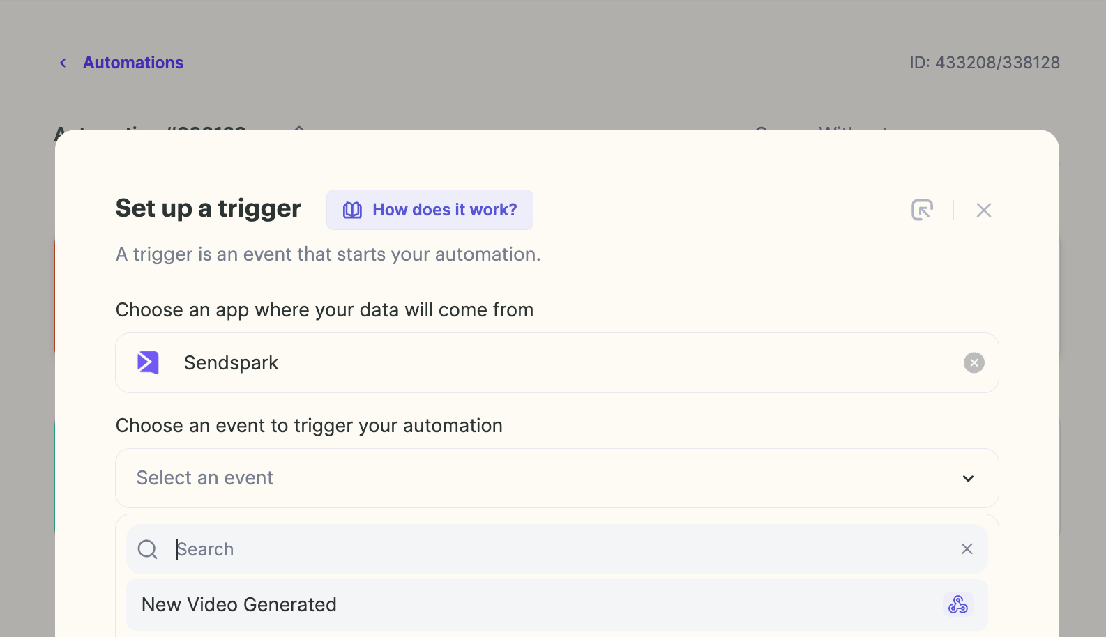 Trigger setup selecting Sendspark New Video Generated event