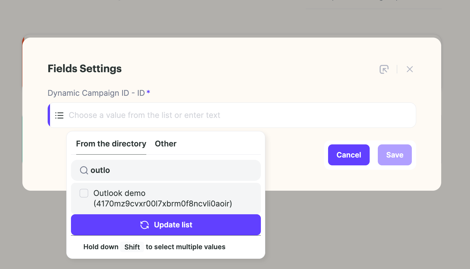 Selecting dynamic video campaign ID in field settings