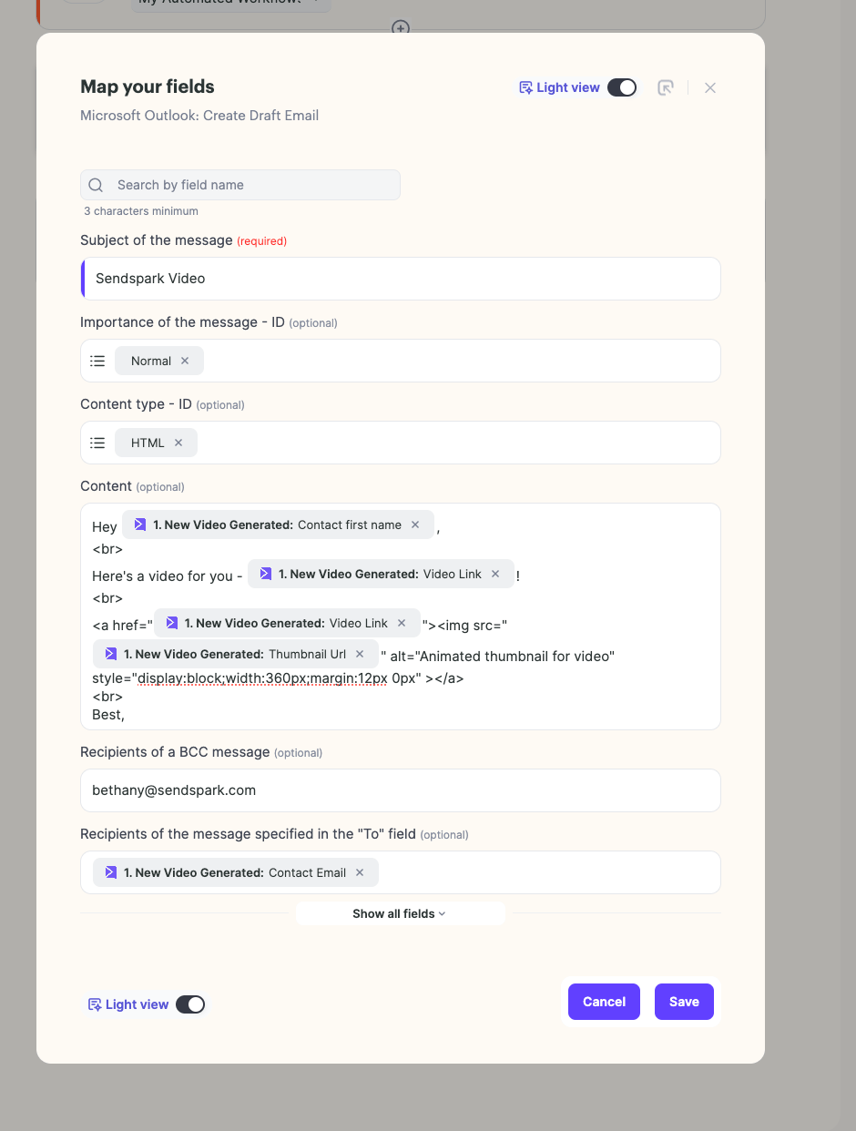 Mapping Outlook draft email fields with HTML video snippet