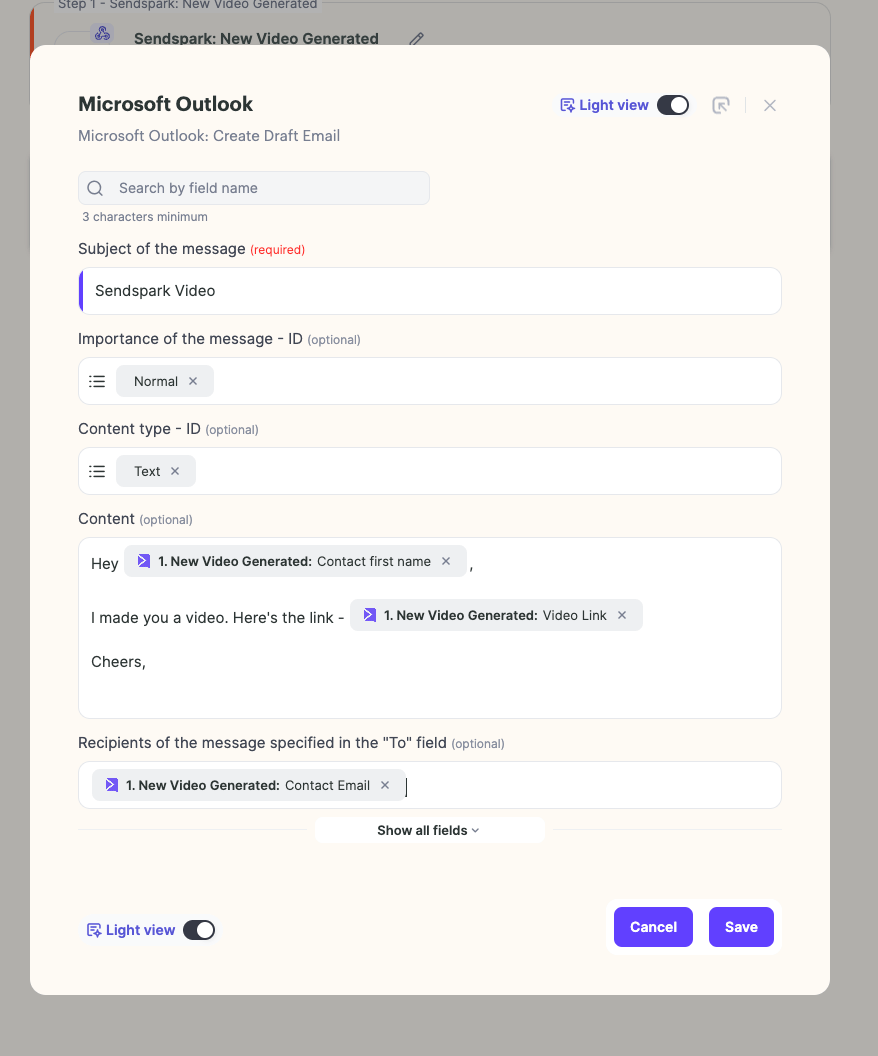 Outlook draft email using plain text with video link
