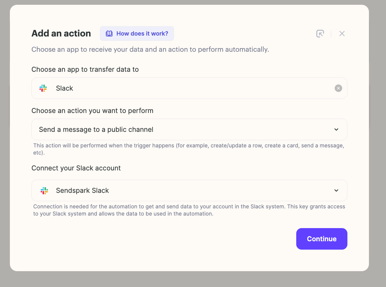 Add action selecting Slack send message to public channel
