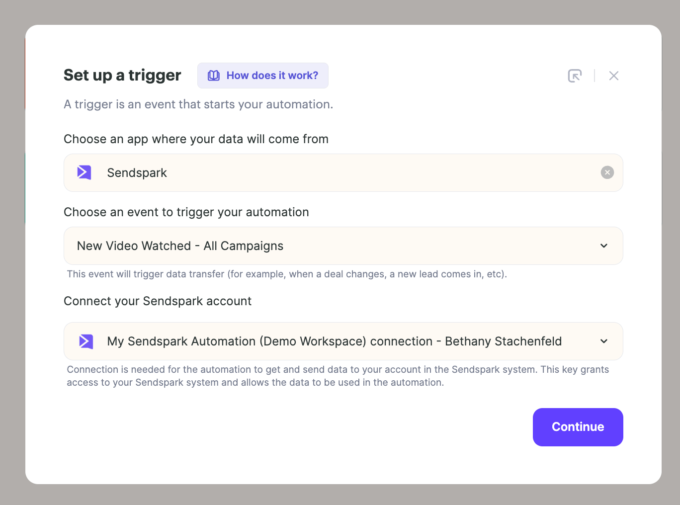 Trigger setup selecting Sendspark New Video Watched All Campaigns