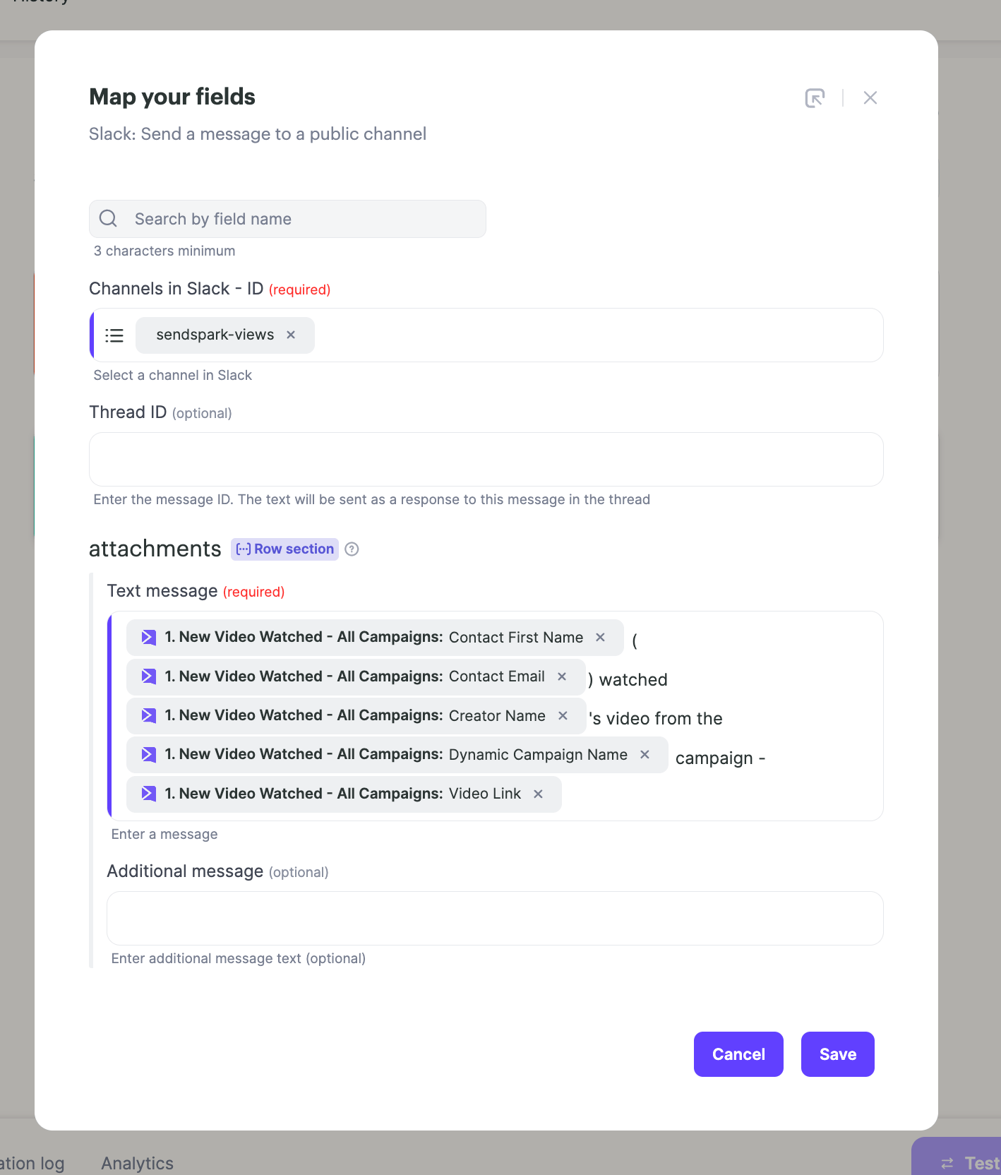 Mapping Slack message fields with channel and video details