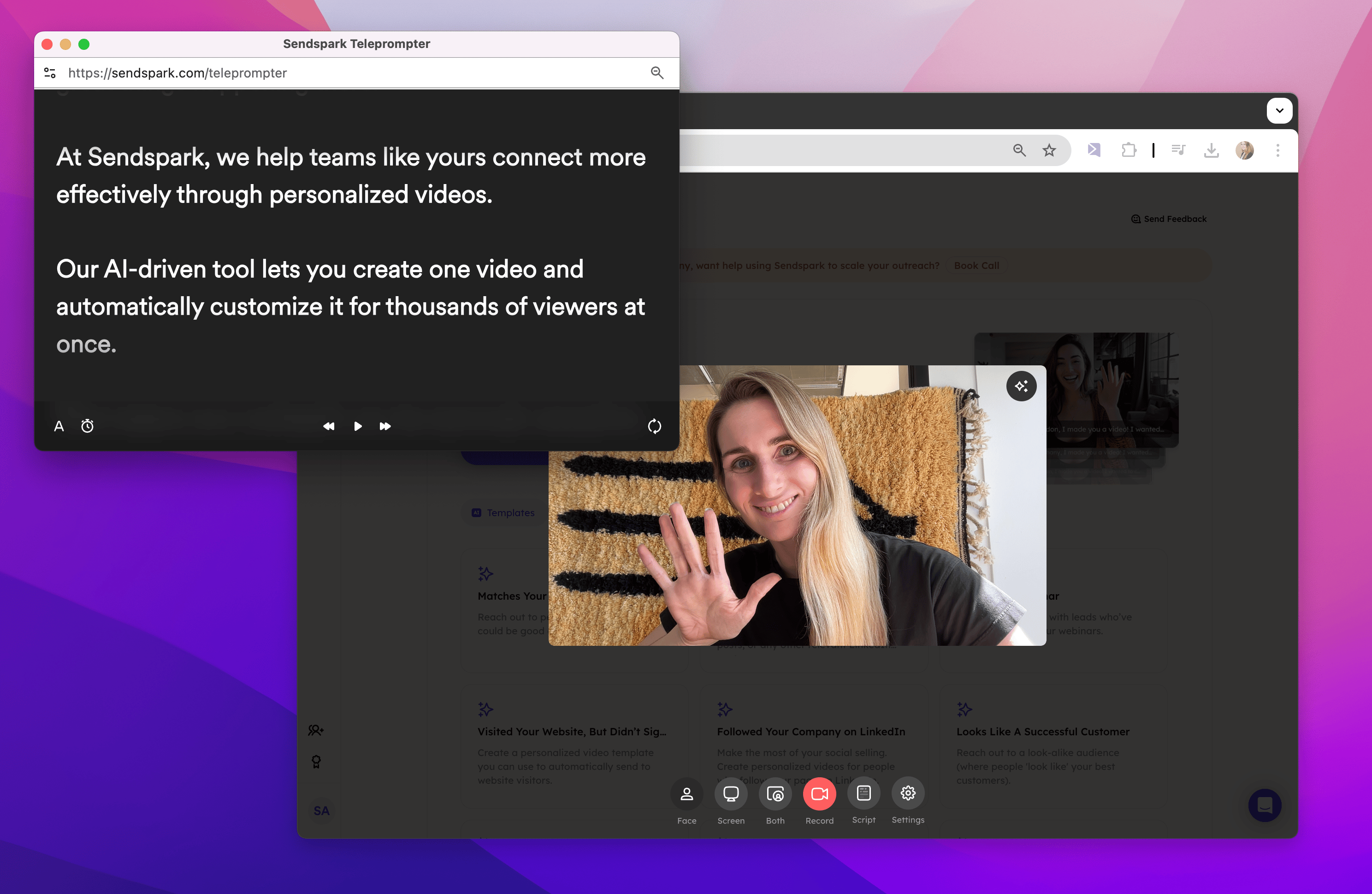 Sendspark teleprompter window showing script above the camera preview while recording