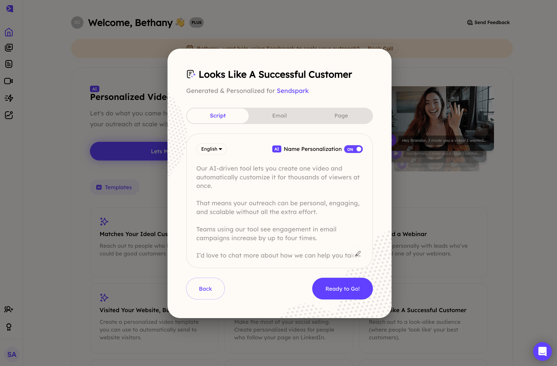 AI-generated script dialog with Script, Email, and Page tabs