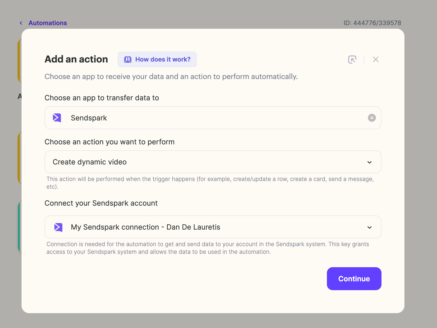 Add an action modal with Sendspark and Create dynamic video selected