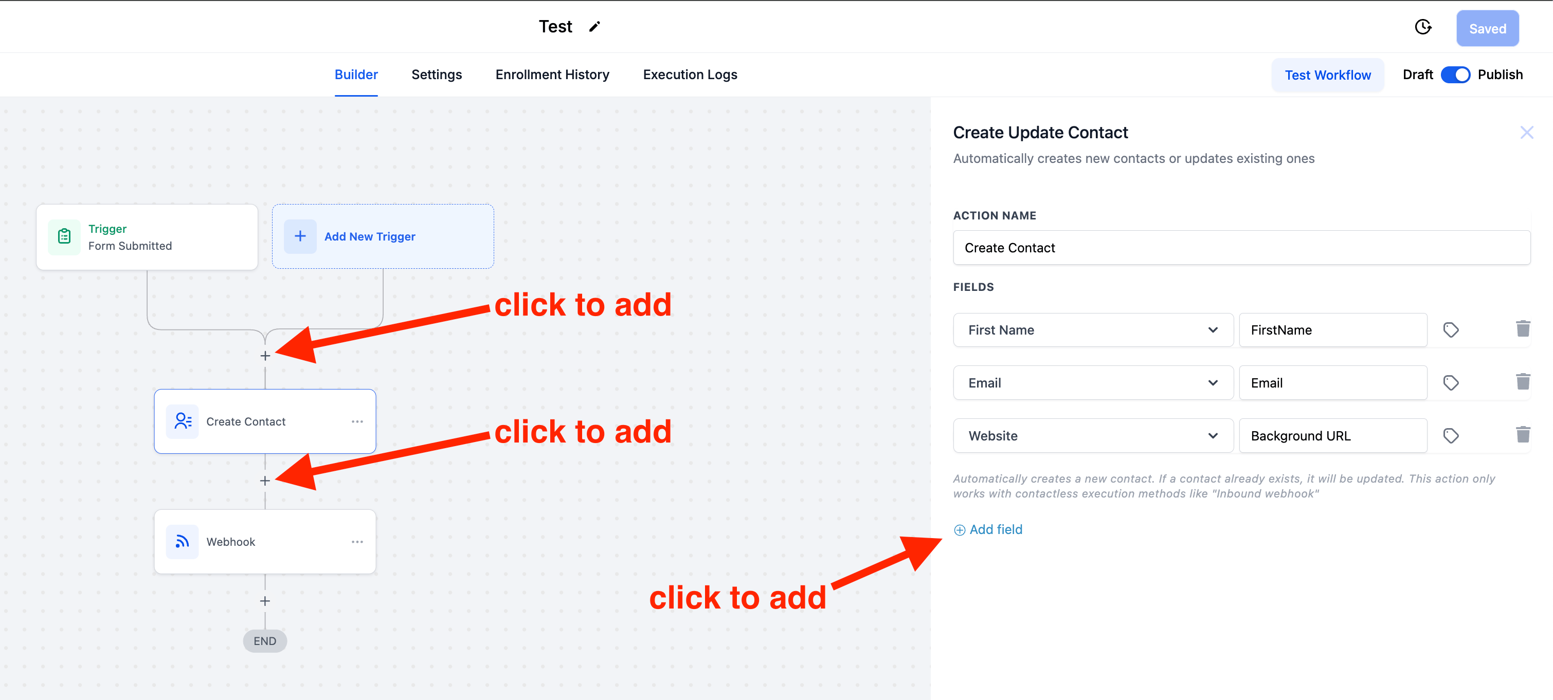 Create Contact action mapping First Name Email and Website fields