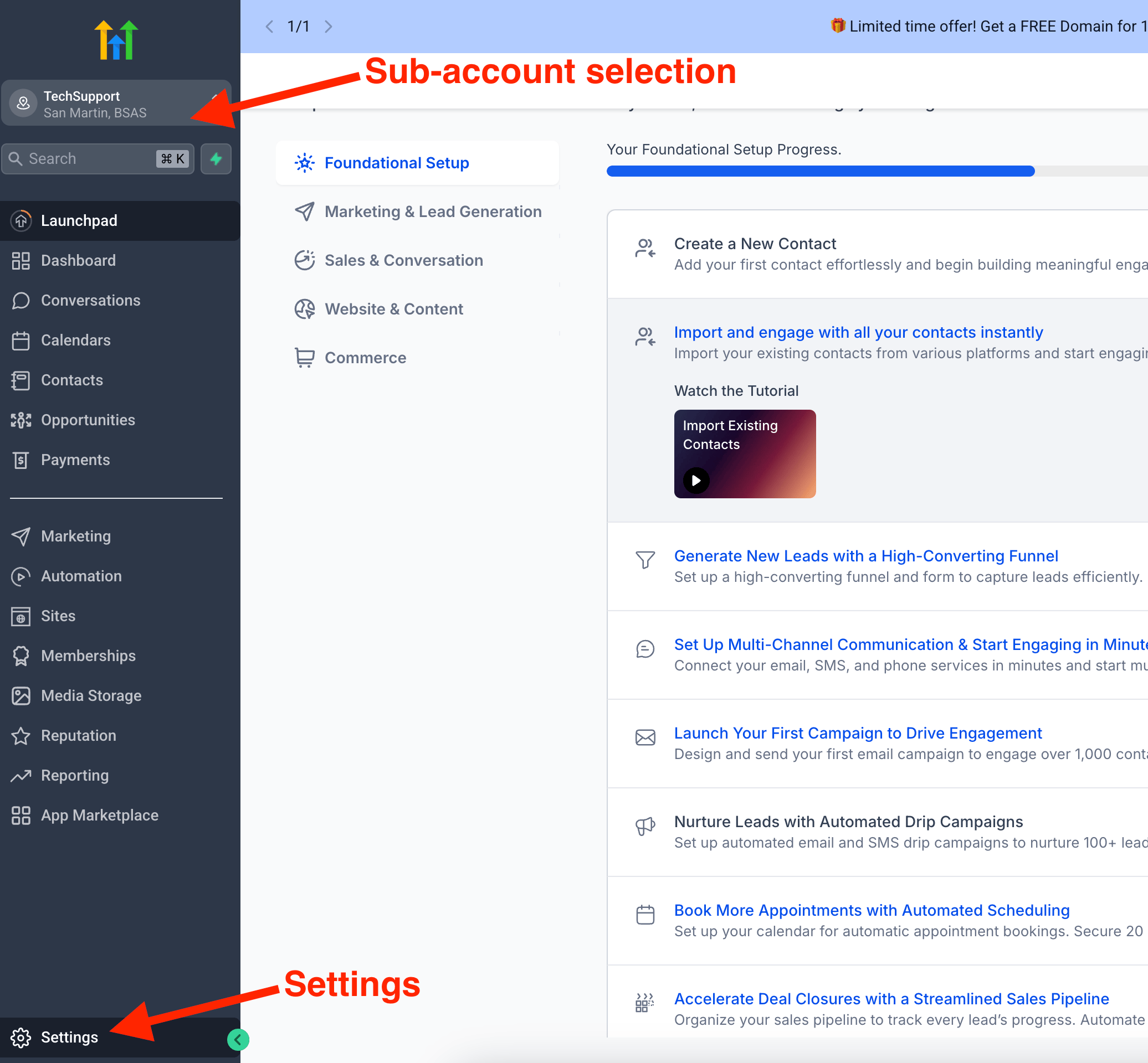 HighLevel dashboard with arrows to Sub-account selection and Settings