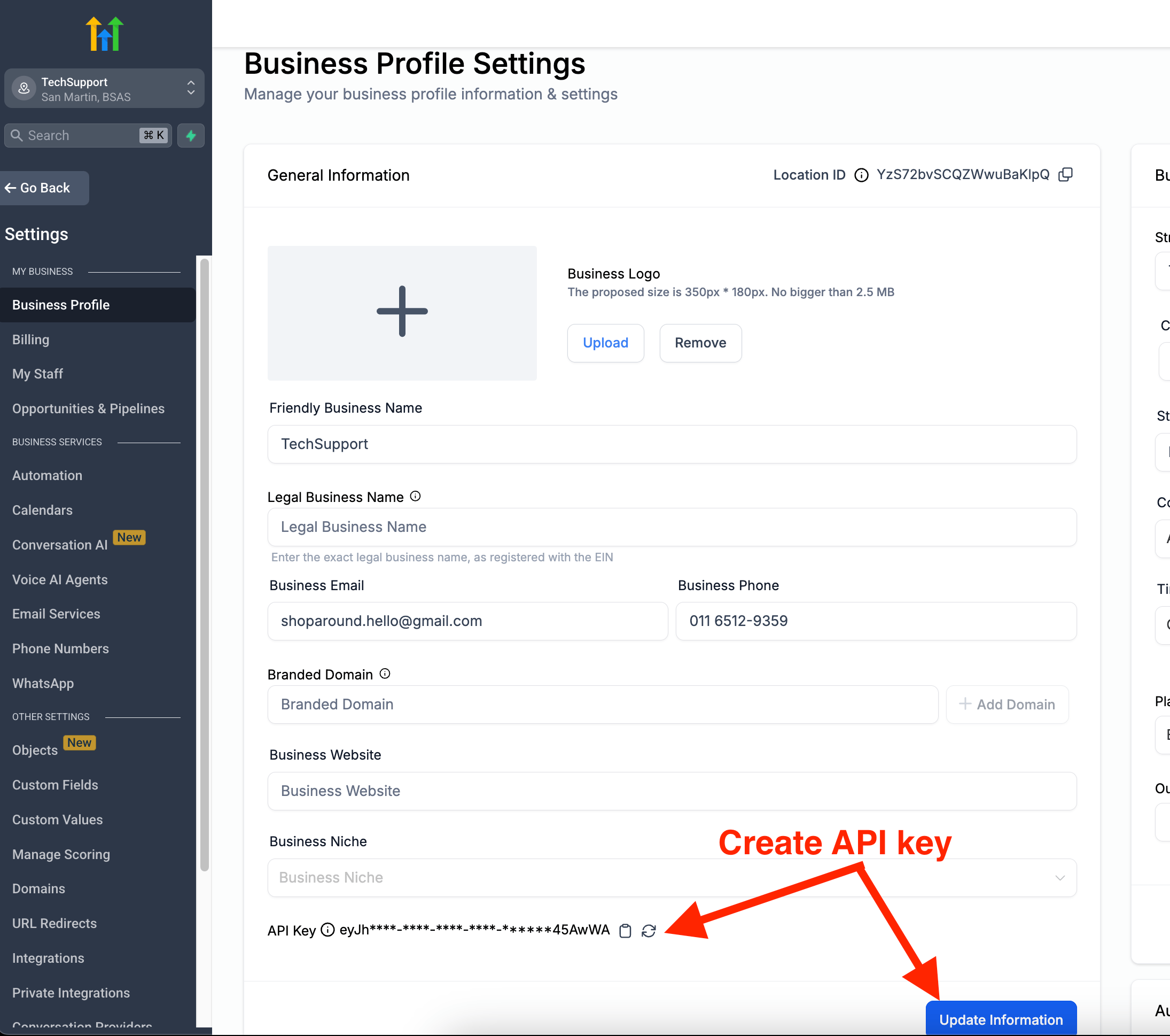 Business Profile Settings with arrows to Create API key and Update Information