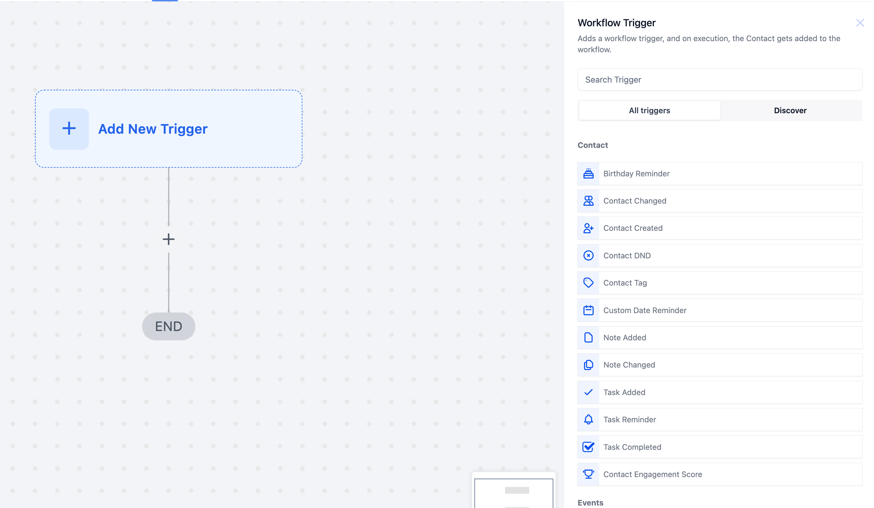 Workflow builder canvas with Add New Trigger and Workflow Trigger list