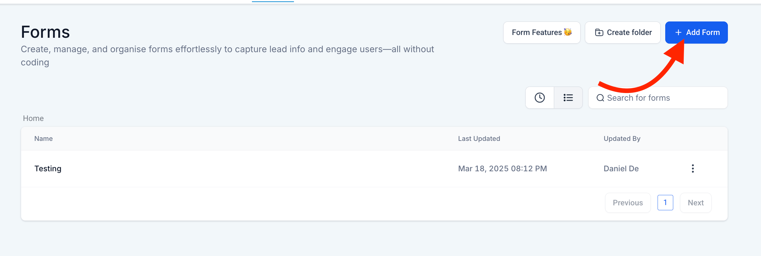 HighLevel Forms page with arrow to the Add Form button