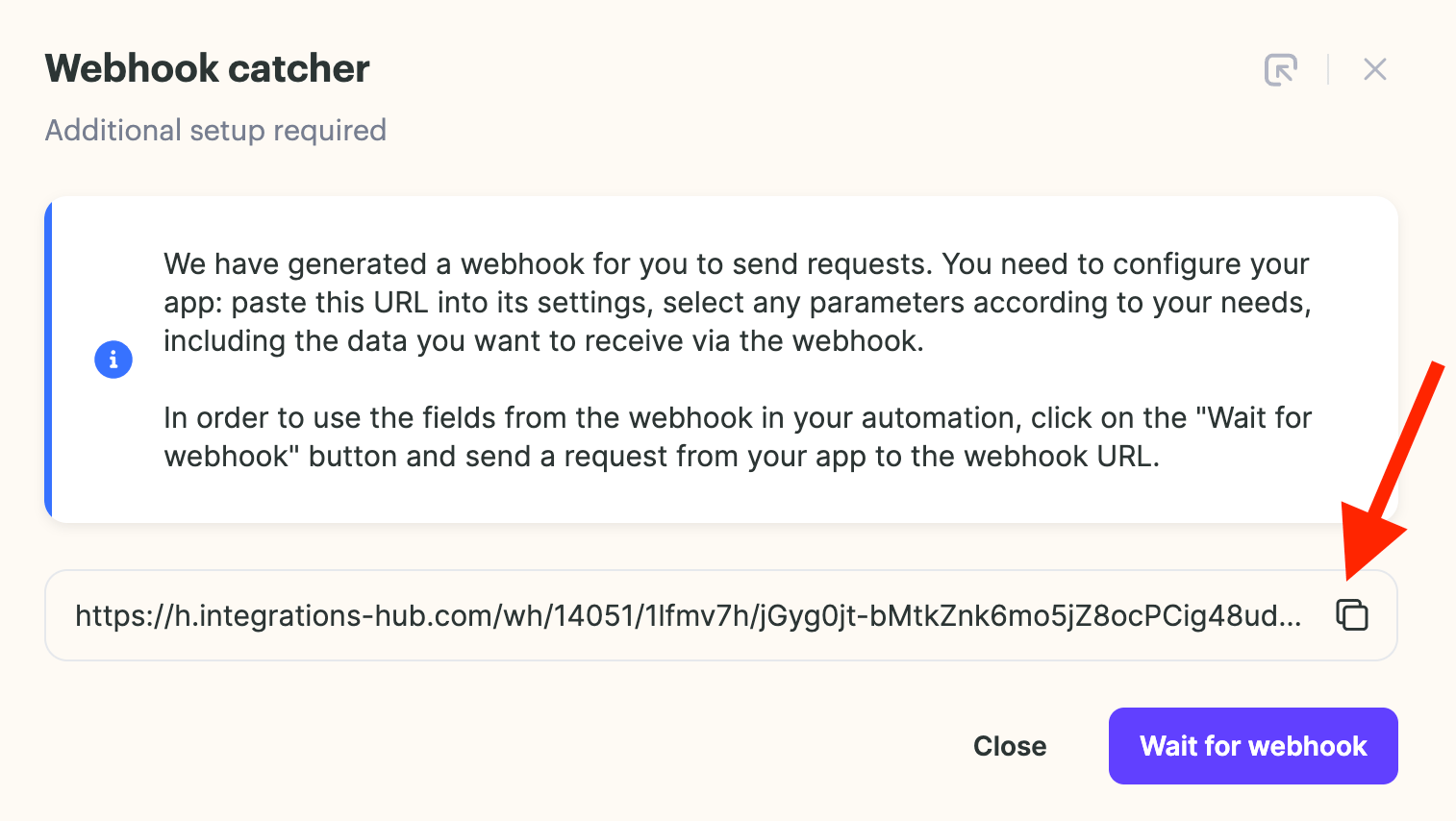 Webhook catcher modal with arrow to the copy URL button