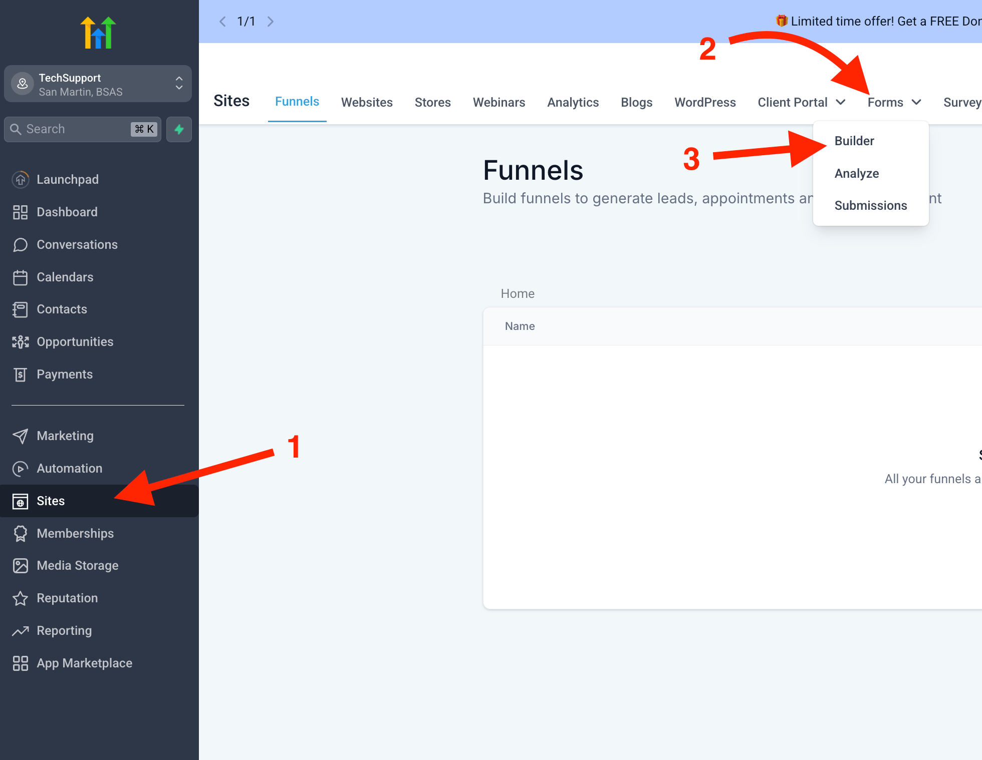 HighLevel Sites navigation with numbered arrows to Forms then Builder