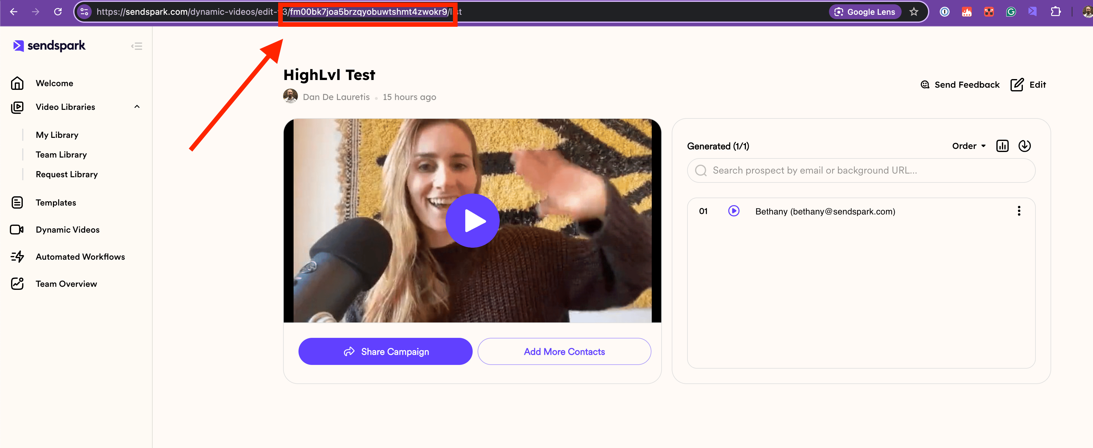 Sendspark dynamic video page with arrow to campaign ID in the URL
