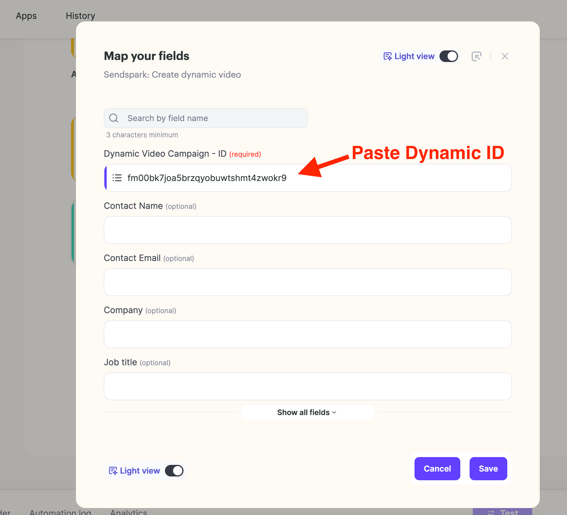 Map your fields modal pasting the campaign ID into Dynamic Video Campaign field