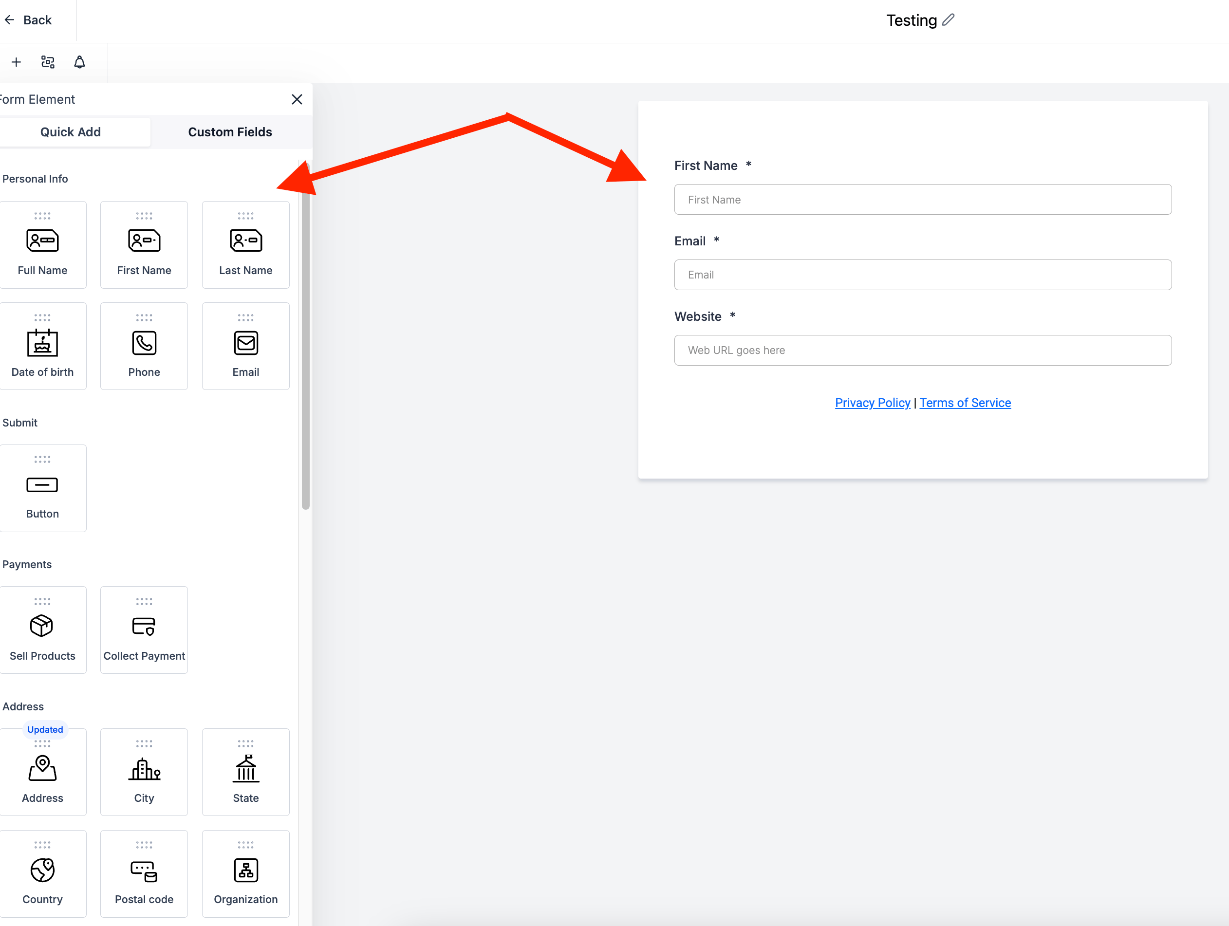 Form builder with Form Element panel and First Name Email Website preview