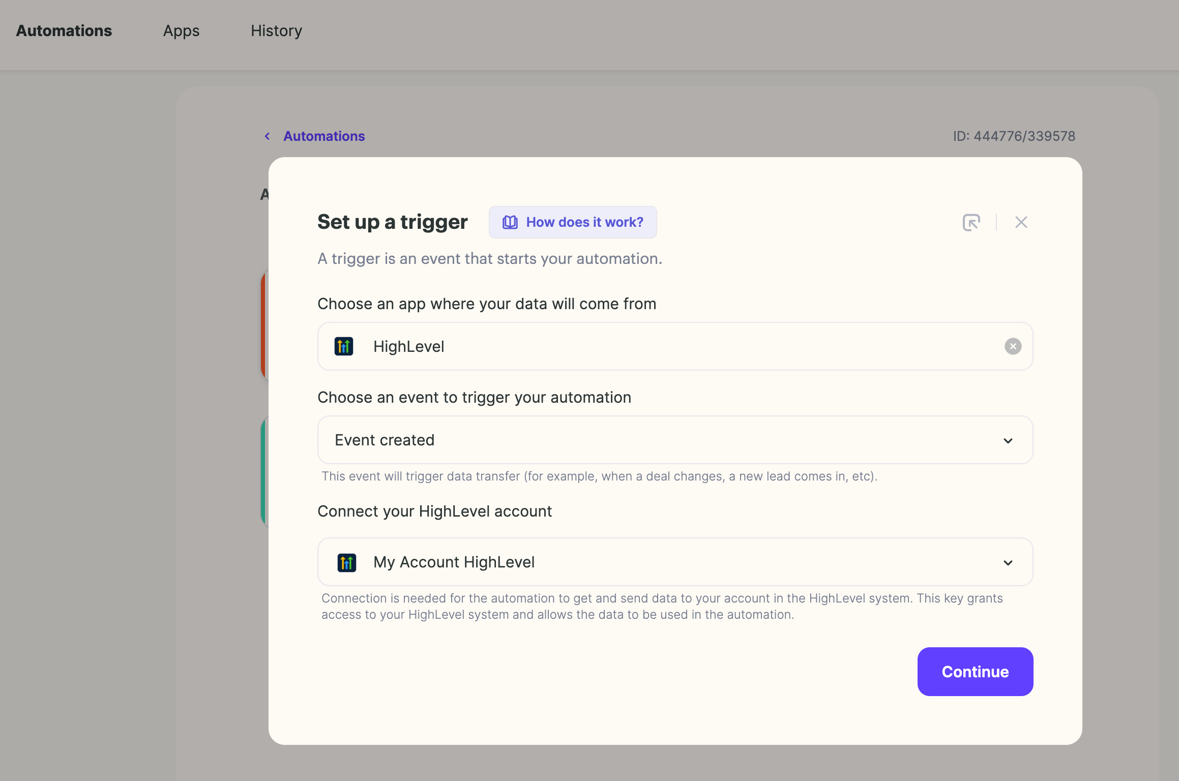 Set up a trigger modal with HighLevel app and Event created selected