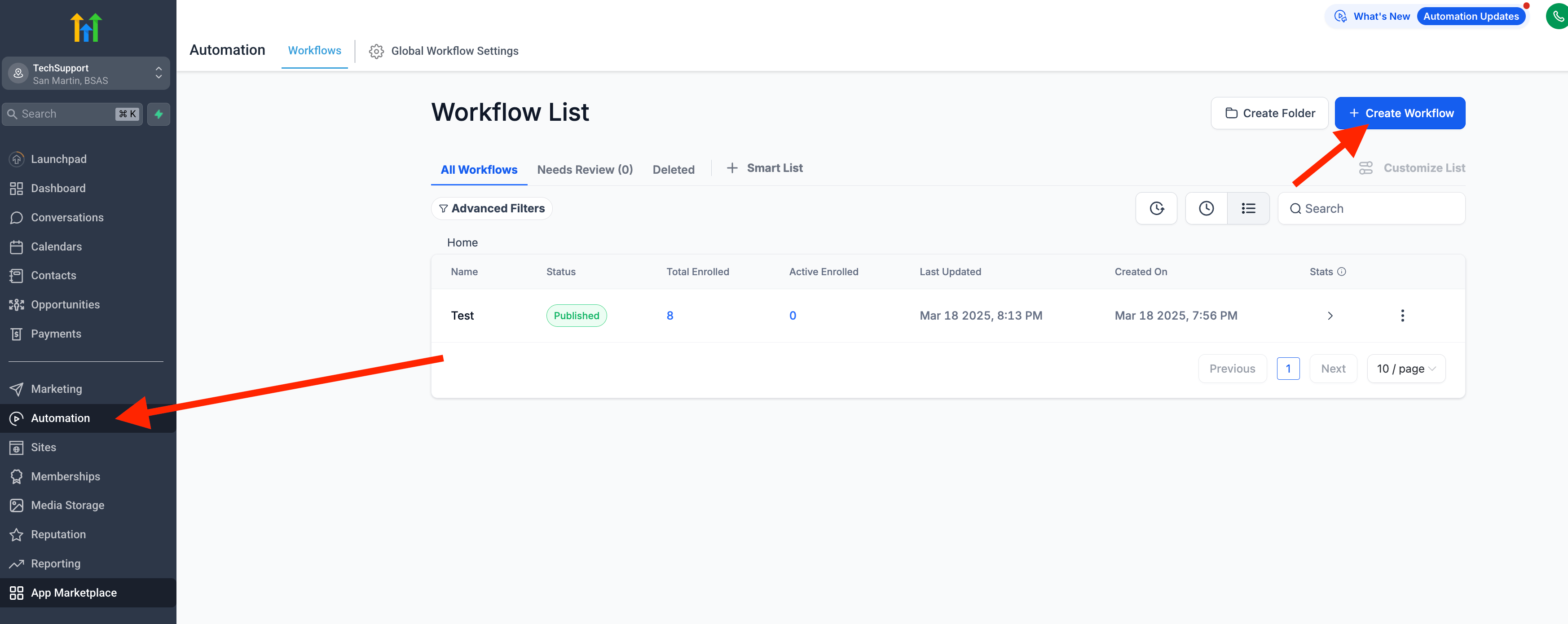 HighLevel Workflow List with arrows to Automation and Create Workflow