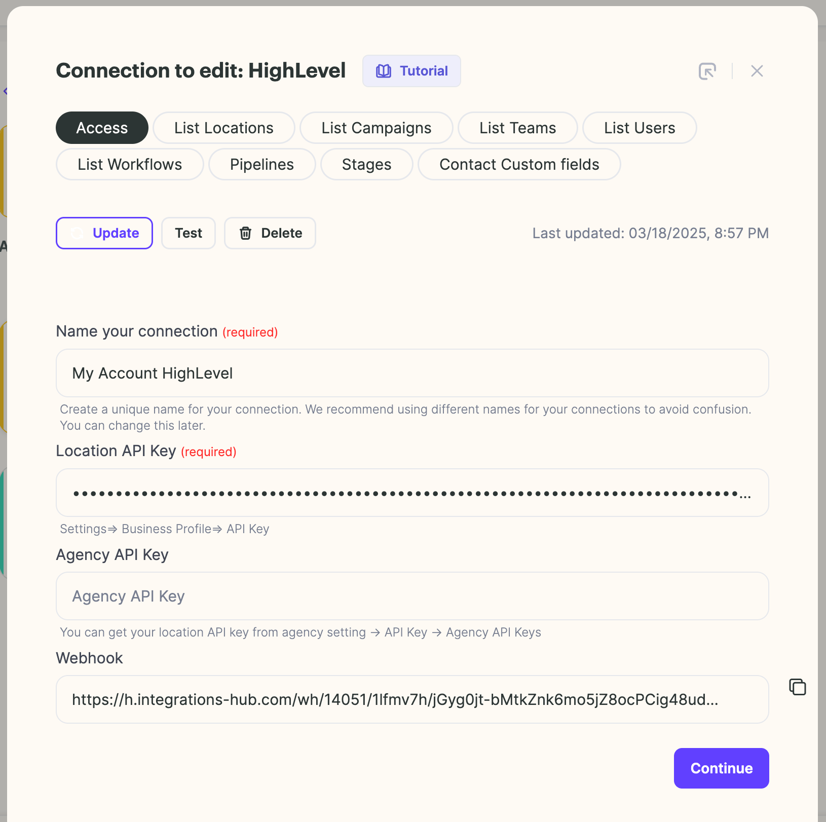 HighLevel connection editor with Location API Key field for pasting the key