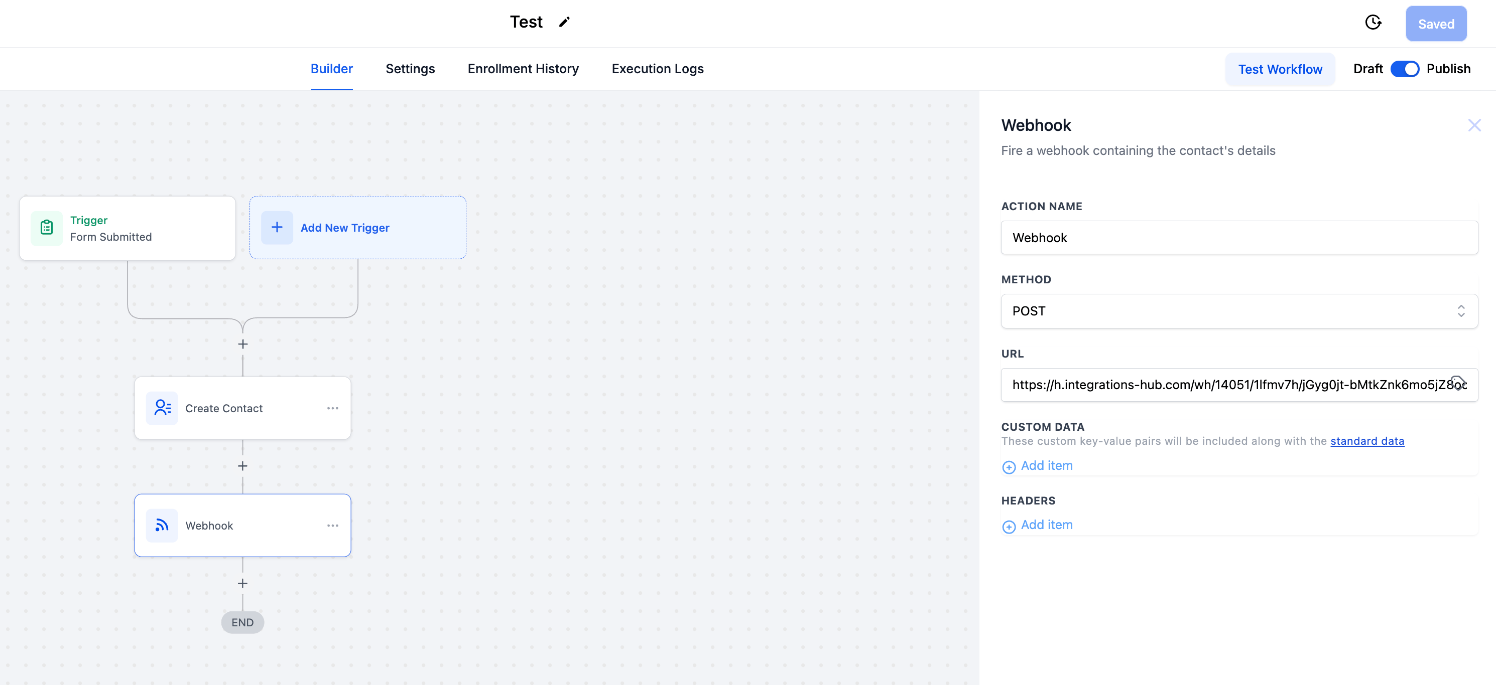 Webhook action panel set to POST method with the Sendspark URL