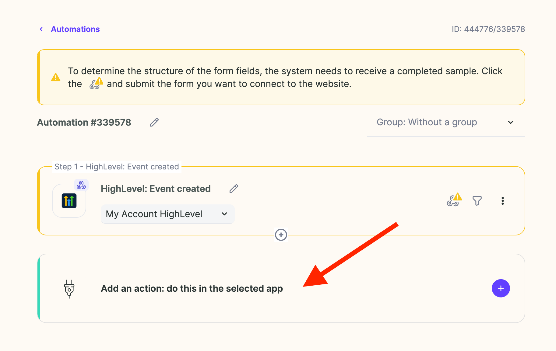 Sendspark automation with arrow to Add an action step row