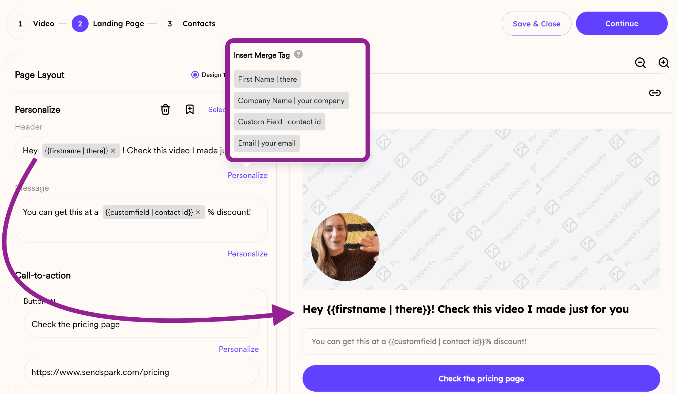 Insert Merge Tag menu with First Name, Company Name, Custom Field, Email options