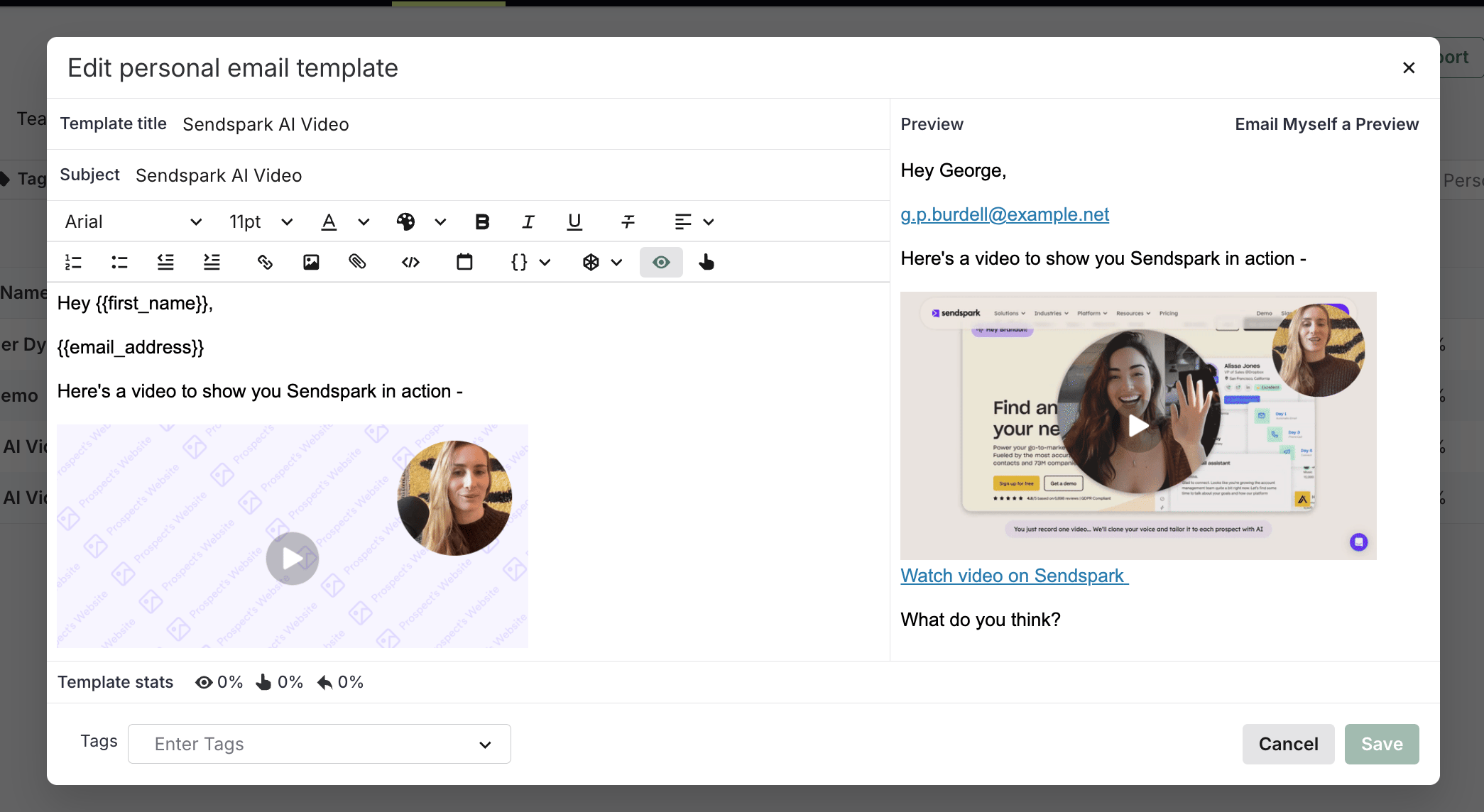 Sendspark video preview showing personalized video for George Burdell contact