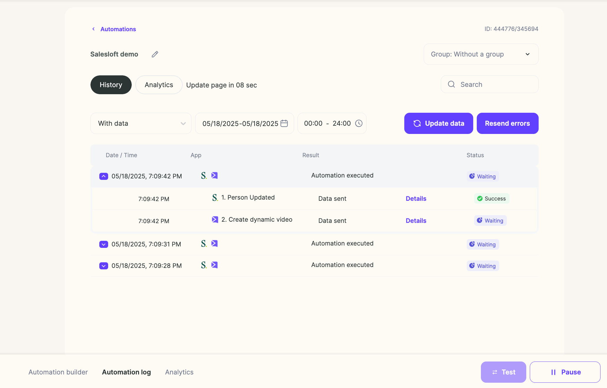 Sendspark Automated Log section showing workflow execution history and details