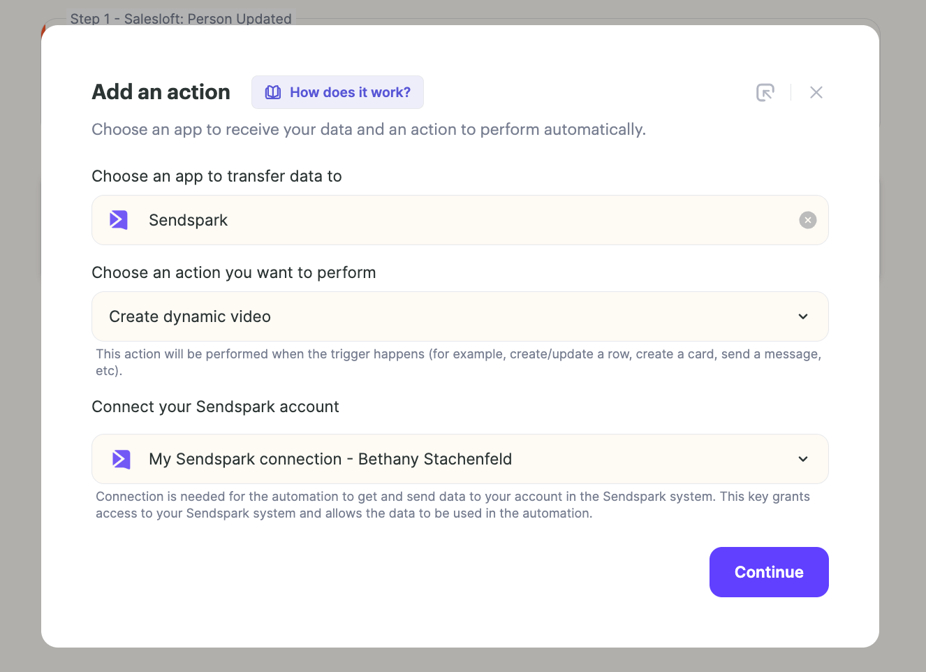 Sendspark workflow action selection showing Create Dynamic Video option