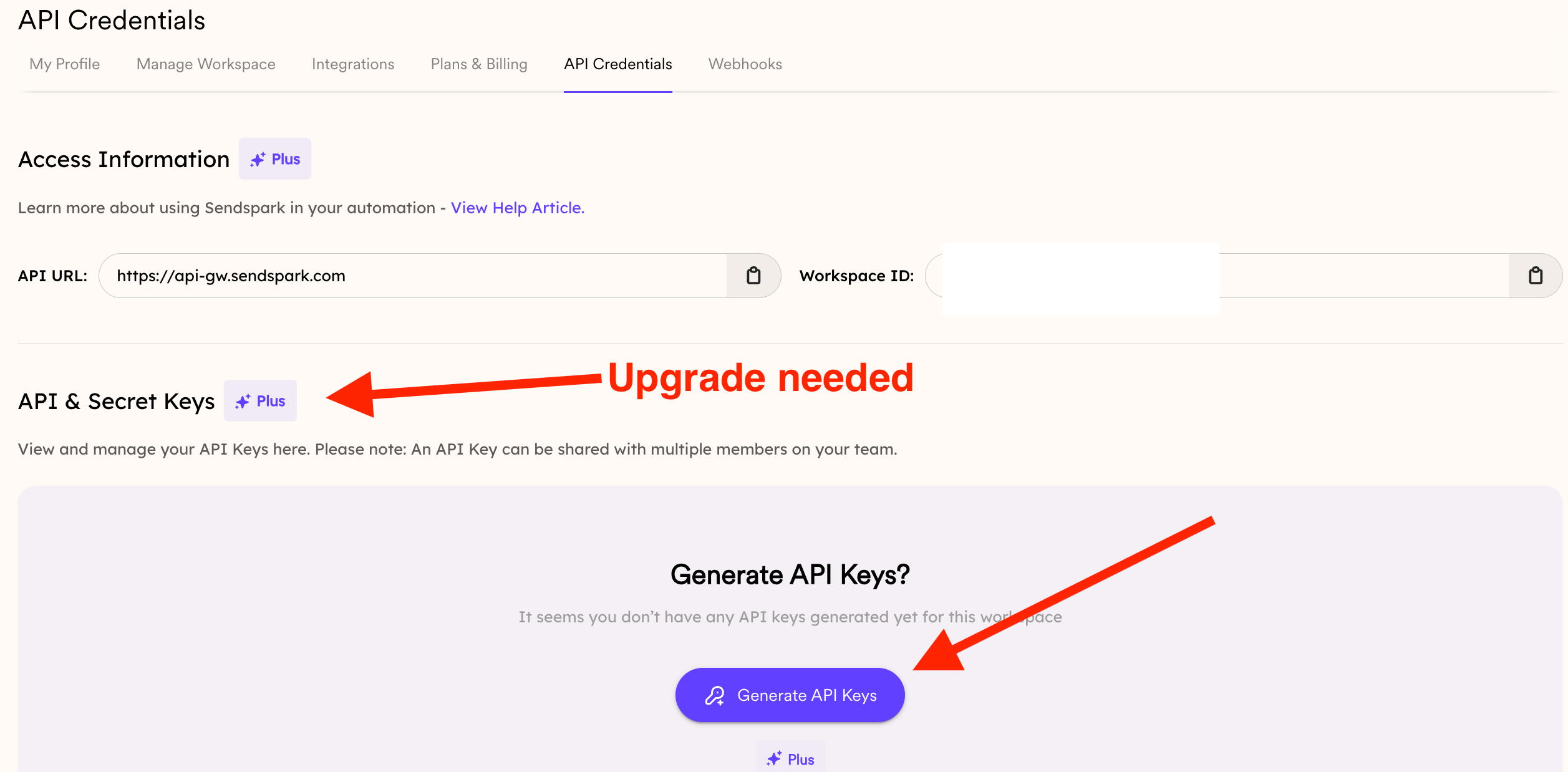 API Credentials page with GENERATE KEYS button