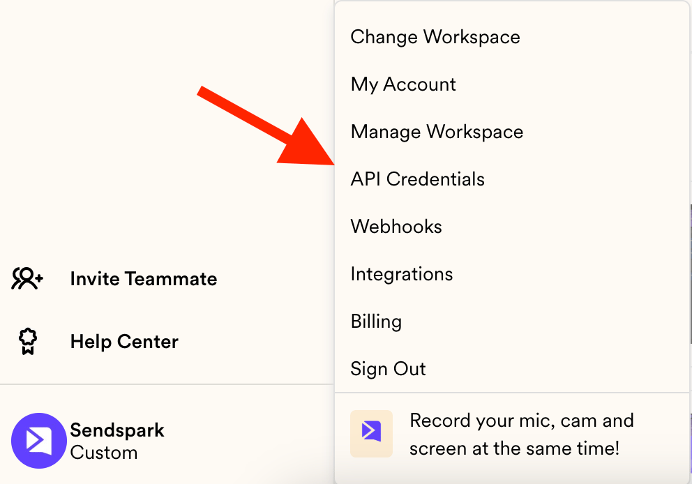 Sendspark menu with API Credentials option highlighted