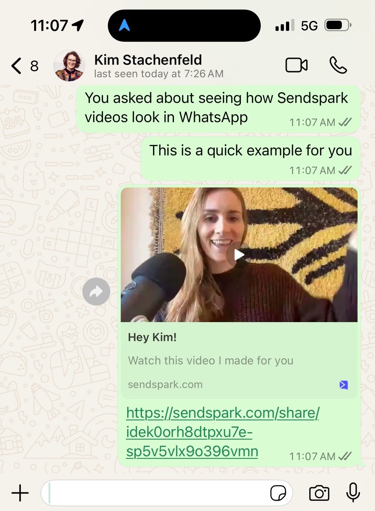 WhatsApp chat preview showing Sendspark video link with animated thumbnail